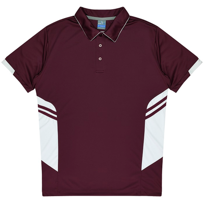Maroon polo shirt with white accents Aussie Pacific N1311 Mens Tasman Polo, front view