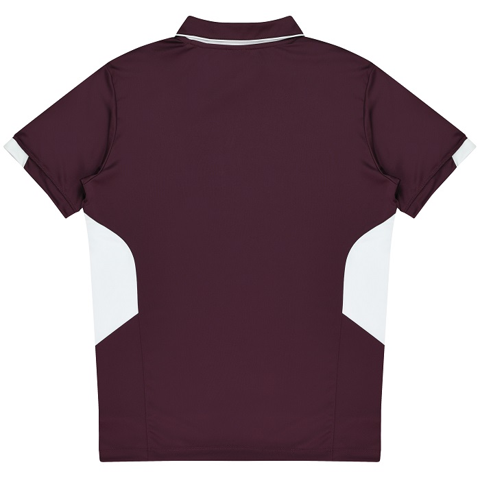 Maroon coloured, premium, Aussie Pacific N1311 Mens Tasman polo shirt, rear view
