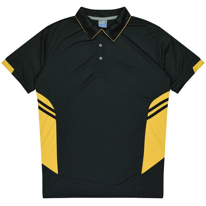 Black with gold panels, antibacterial fabric, Aussie Pacific N1311 Mens Tasman Polo, front view