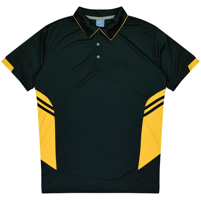 Black with gold panels, antibacterial fabric, Aussie Pacific N1311 Mens Tasman Polo, front view