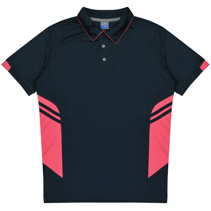 Aussie Pacific N1311 Mens Tasman Polo, Navy and pink, front view, fitness polo