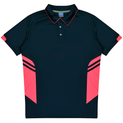 Aussie Pacific N1311 Mens Tasman Polo, Navy and pink, front view, fitness polo