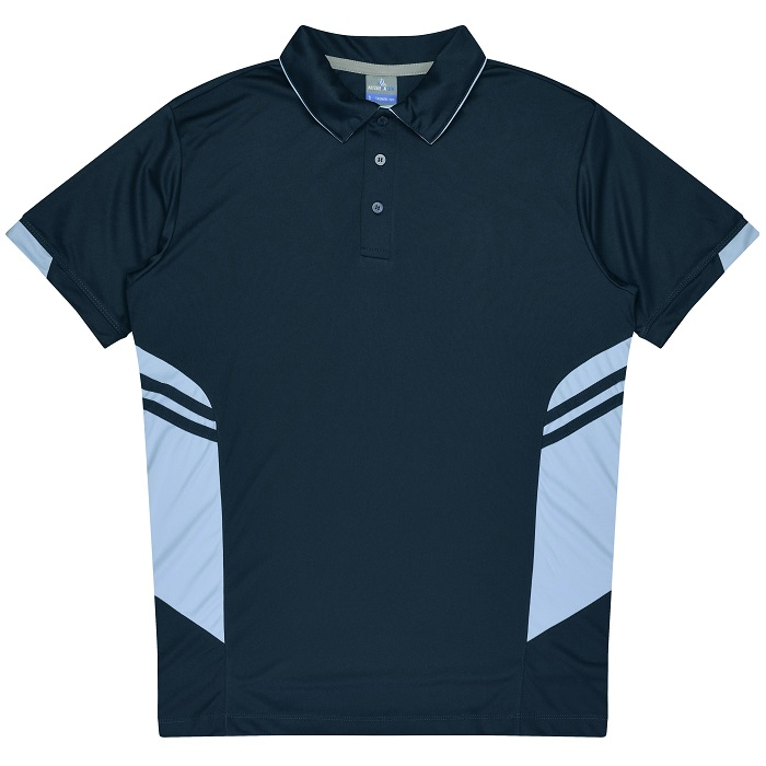 Aussie Pacific N1311 Mens Tasman Polo, two-button placket and sky blue piping on the collar. front view