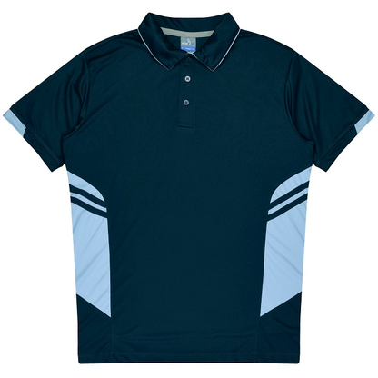 Aussie Pacific N1311 Mens Tasman Polo, two-button placket and sky blue piping on the collar. front view