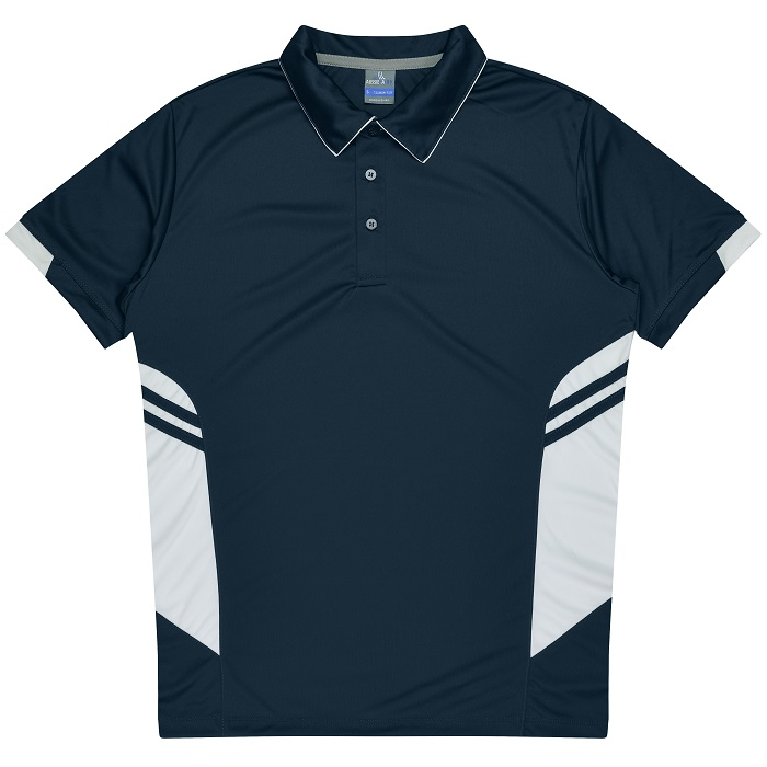 Aussie Pacific N1311 Mens Tasman Polo, navy/ white, front view, side vents for modern fit