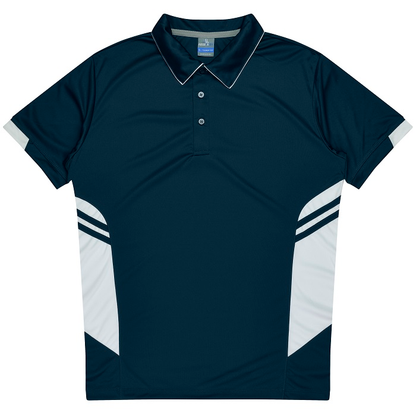Aussie Pacific N1311 Mens Tasman Polo, navy/ white, front view, side vents for modern fit