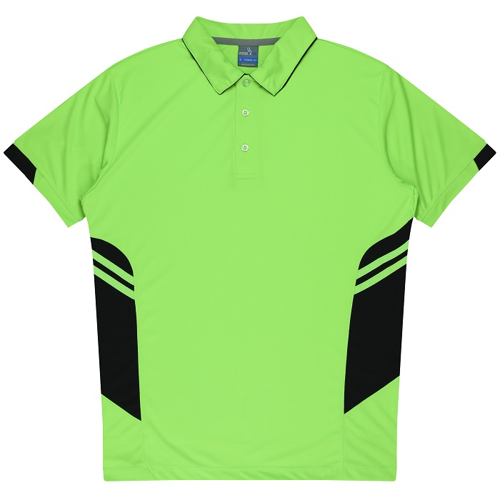 Aussie Pacific N1311 Mens Tasman Polo, neon green with black panels, modern fit, front view