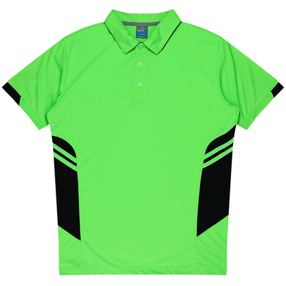 Aussie Pacific N1311 Mens Tasman Polo, neon green with black panels, modern fit, front view