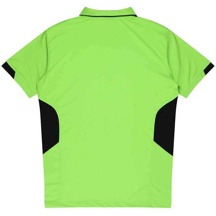 Mens short sleeve modern activewear polo, Aussie Pacific N1311 Mens Tasman Polo, neon green and black rear view