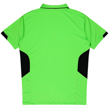 Mens short sleeve modern activewear polo, Aussie Pacific N1311 Mens Tasman Polo, neon green and black rear view