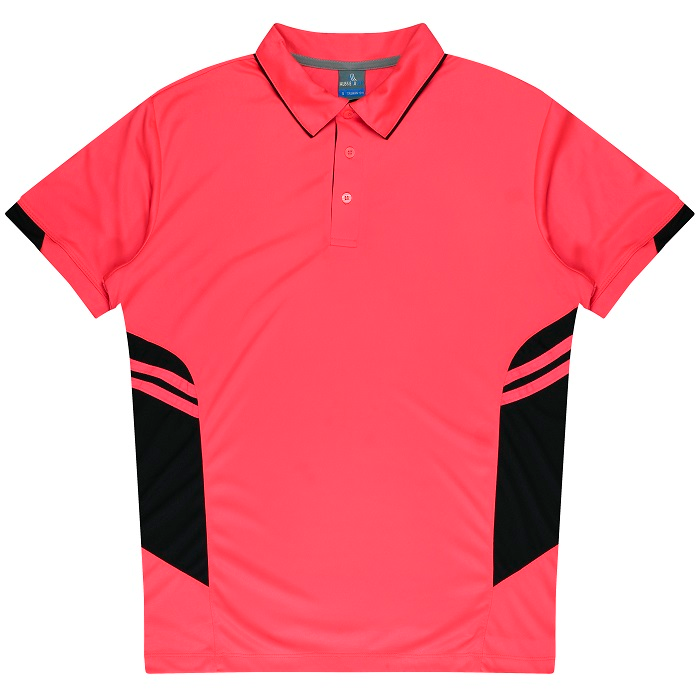 Aussie Pacific N1311 Mens Tasman Polo, fitness polo, front view, neon pink with black accents. 