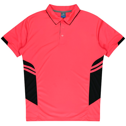 Aussie Pacific N1311 Mens Tasman Polo, fitness polo, front view, neon pink with black accents. 