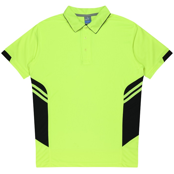Aussie Pacific N1311 Mens Tasman Polo, neon yellow and black panels, front view, dri wear antibacterial finish