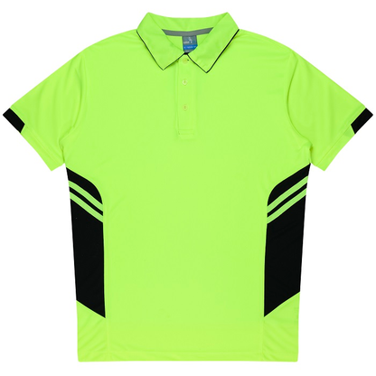 Aussie Pacific N1311 Mens Tasman Polo, neon yellow and black panels, front view, dri wear antibacterial finish