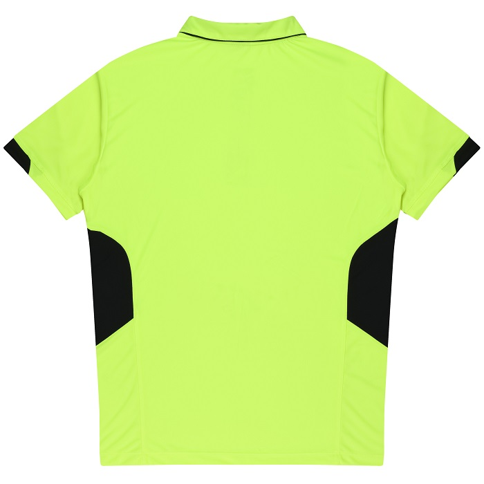 Neon yellow with black side details, everyday activewear, Aussie Pacific N1311 Mens Tasman Polo, rear view