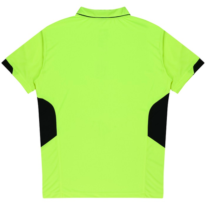 Neon yellow with black side details, everyday activewear, Aussie Pacific N1311 Mens Tasman Polo, rear view