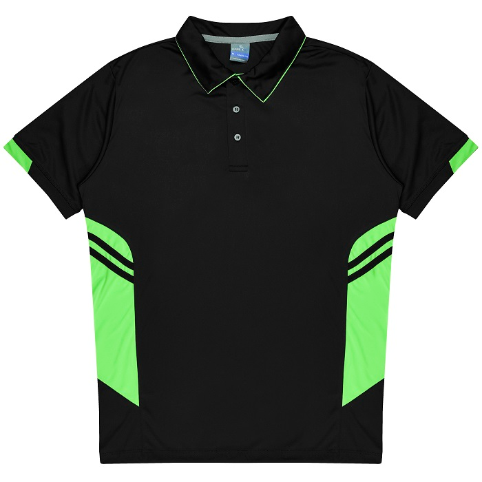 Mens everyday black short-sleeve polo shirt with bright neon green accents on the collar, sleeve cuffs, and side panels, Aussie Pacific N1311 Tasman Mens Polo front view