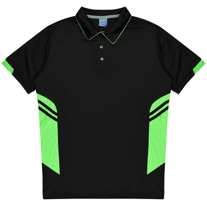 Mens everyday black short-sleeve polo shirt with bright neon green accents on the collar, sleeve cuffs, and side panels, Aussie Pacific N1311 Tasman Mens Polo front view