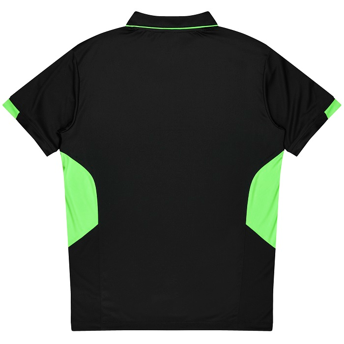 Aussie Pacific N1311 Tasman Mens Polo, black with neon green panels, modern fit, rear view
