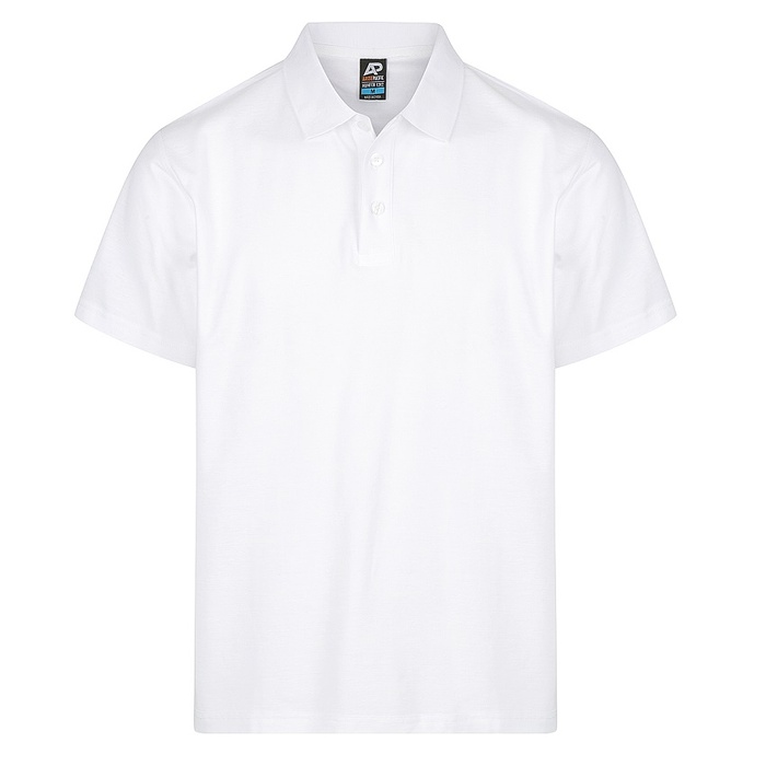 White, classic collar and a two-button placket, Aussie Pacific N1312 Hunter Mens Polo, front view