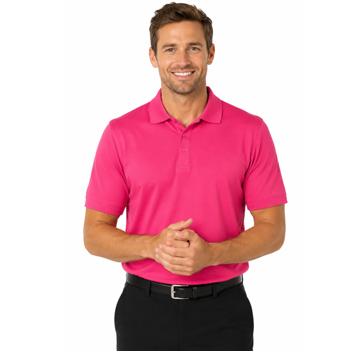 Front view of model, pink, self fabric collar, professional, Aussie Pacific N1315 Mens Claremont Polo