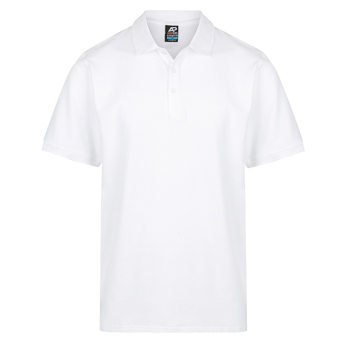 White short sleeve, easy care, Aussie Pacific N1315 Mens Claremont Polo, front view