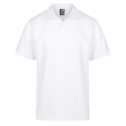 White short sleeve, easy care, Aussie Pacific N1315 Mens Claremont Polo, front view