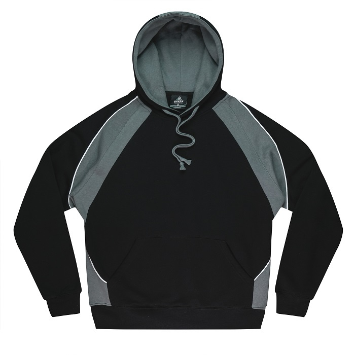 classic activewear hoodie with kangaroo pocket, Aussie Pacific N1509 Huxley Mens Hoodie, black with charcoal, front view