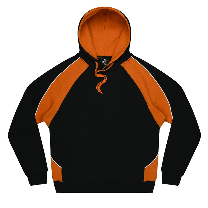 Aussie Pacific N1509 Huxley Mens Hoodie, black with orange, front view, popular everyday hoodie