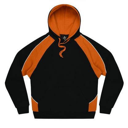 Aussie Pacific N1509 Huxley Mens Hoodie, black with orange, front view, popular everyday hoodie