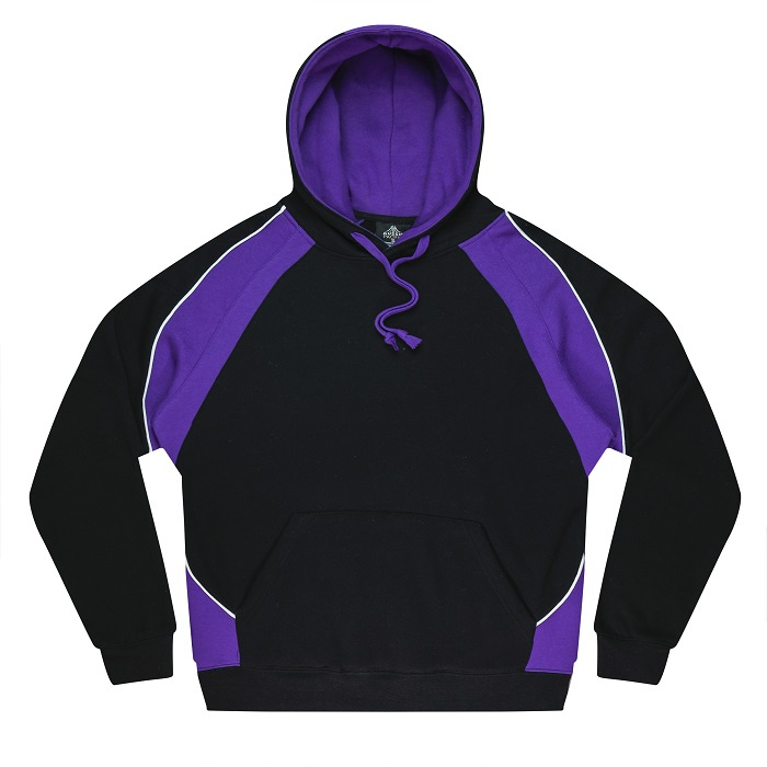 Aussie Pacific N1509 Huxley Mens Hoodie, front view, black with purple premium sports hoodie