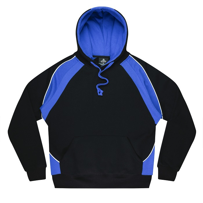 Black with royal blue and white piping, Aussie Pacific N1509 Huxley Mens Hoodie, front view, quick drying