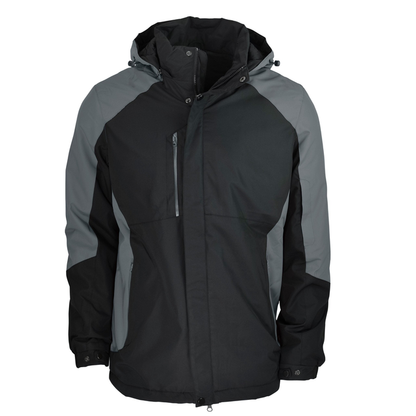 Black and grey hooded jacket with a full front zipper, Aussie Pacific N1518 Napier Mens Jacket, front view