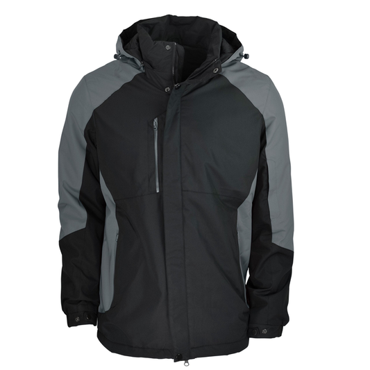 Black and grey hooded jacket with a full front zipper, Aussie Pacific N1518 Napier Mens Jacket, front view
