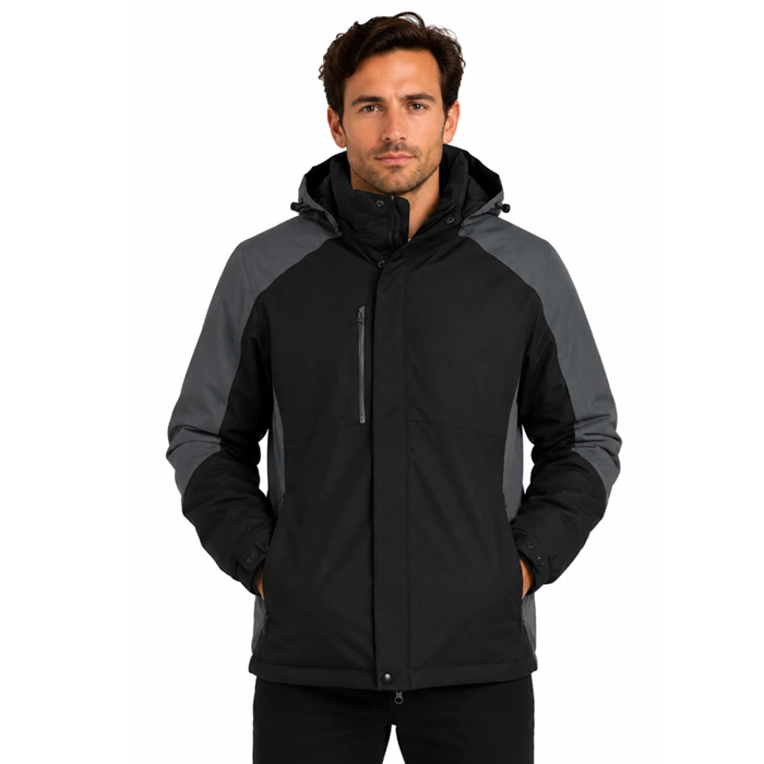 Aussie Pacific N1518 Napier Mens Jacket, black grey, full zipper detachable hood, model front view