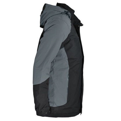Side profile view of a hooded outdoor jacket in dark gray and black, Aussie Pacific N1518 Napier Mens Jacket