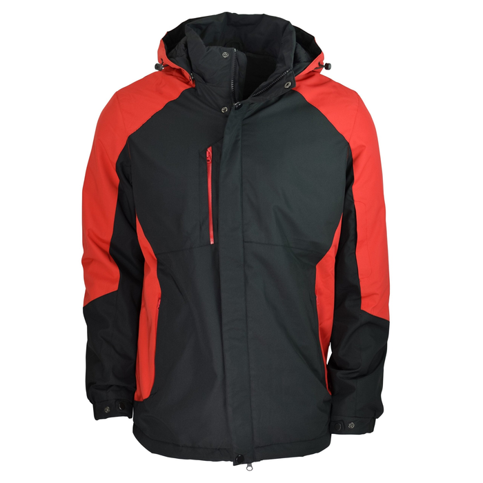 Red with black contrasts, all weather, hooded outdoor jacket Aussie Pacific N1518 Napier Mens Jacket, front view