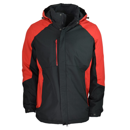 Red with black contrasts, all weather, hooded outdoor jacket Aussie Pacific N1518 Napier Mens Jacket, front view
