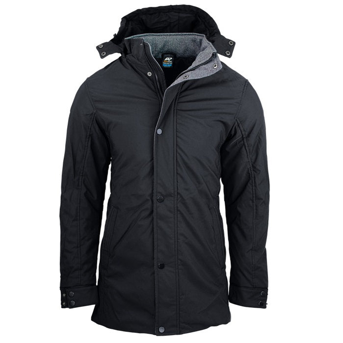 Black hooded winter jacket with a gray fleece lining Aussie Pacific N1519 Parklands Mens Jacket, front view