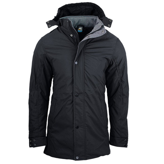 Black hooded winter jacket with a gray fleece lining Aussie Pacific N1519 Parklands Mens Jacket, front view
