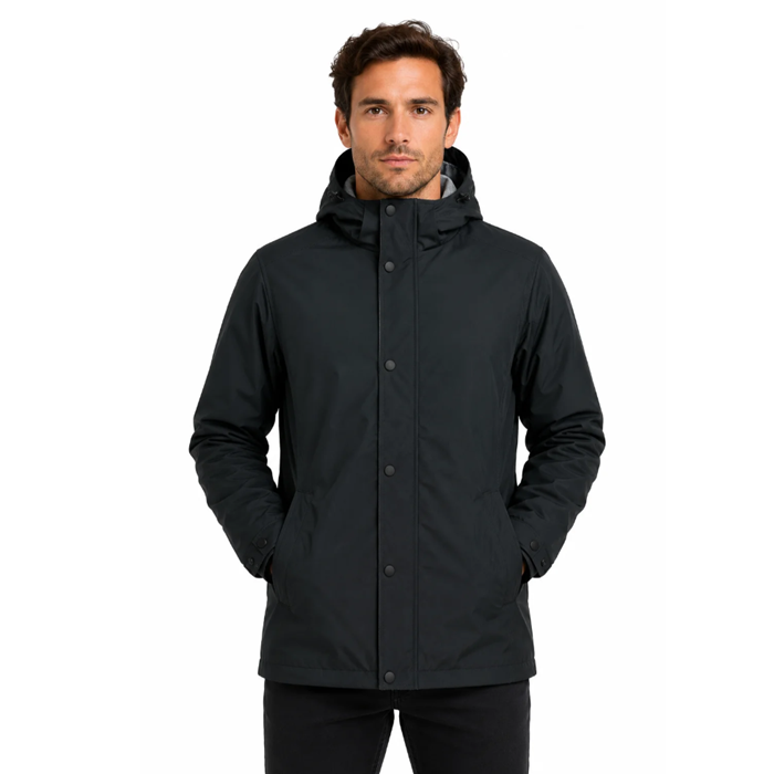 Black hooded jacket with a snap-button front, Aussie Pacific N1519 Parklands Mens Jacket, front view