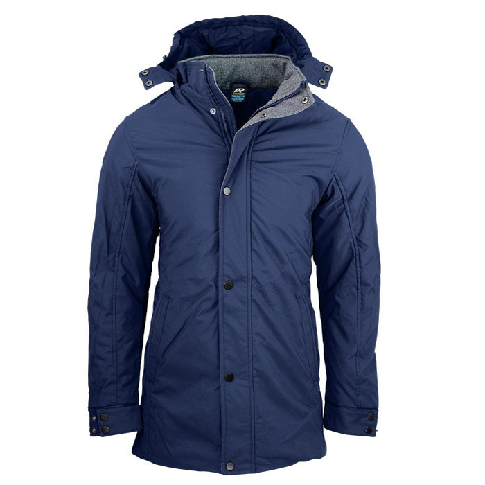 Aussie Pacific N1519 Parklands Mens Jacket, lightly padded, warm, detachable hood, front view, navy blue
