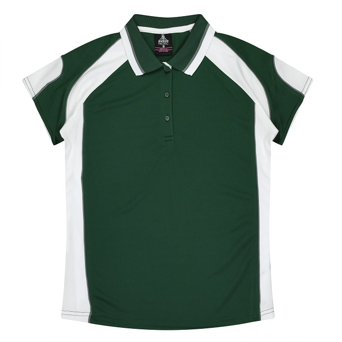 Womens bottle green with white contrast, classic collar, Aussie Pacific N2300 Murray Ladies Polo, front view