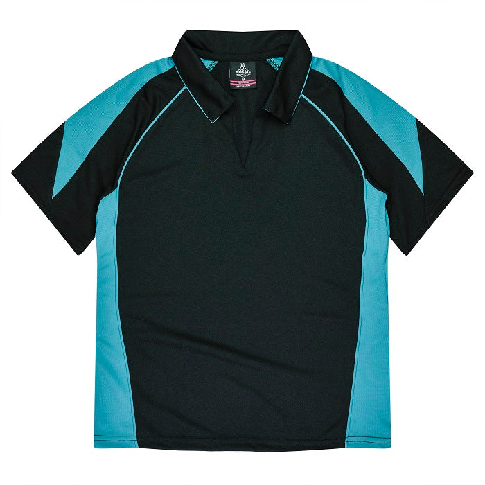 Womens, black with teal coloured detail, short-sleeve athletic polo shirt, Aussie Pacific N2301 Premier Lady Polos front view