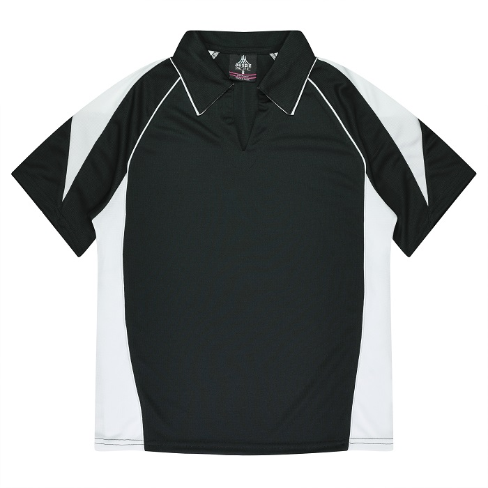 Aussie Pacific N2301 Premier Lady Polos, black with white, front view, sports workwear