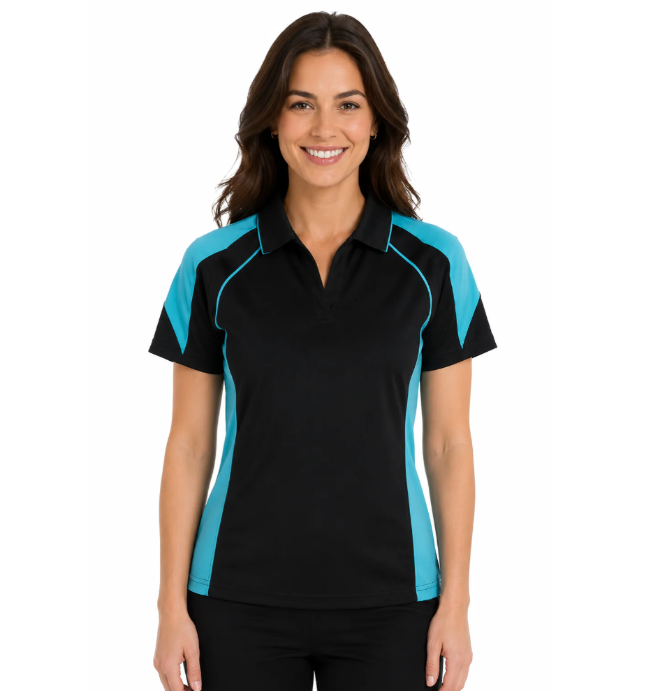 Aussie Pacific N2301 Premier Lady Polos, model view, black/teal