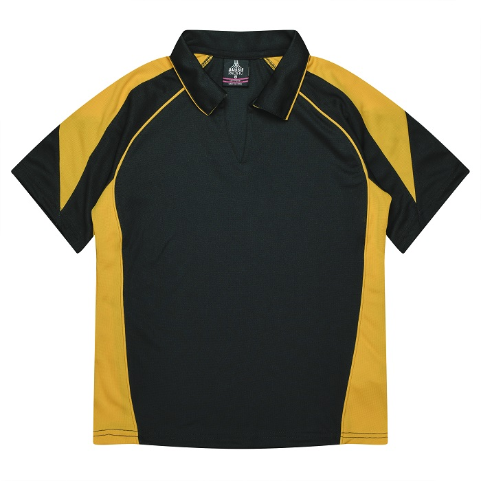 Womens, black with gold contrast panels, v neck, Aussie Pacific N2301 Premier Lady Polos, front view