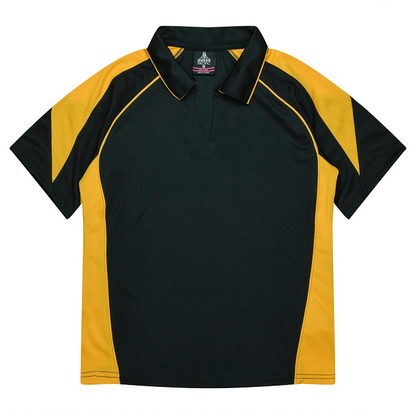 Womens, black with gold contrast panels, v neck, Aussie Pacific N2301 Premier Lady Polos, front view