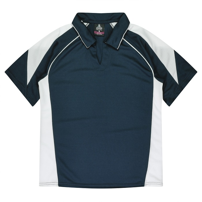 Aussie Pacific N2301 Premier Lady Polos, front view, navy with white contrasting panels