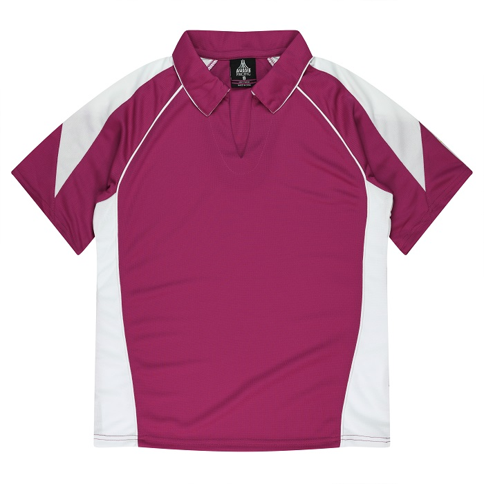 Aussie Pacific N2301 Premier Lady Polos, front view, pink and white, breathable fabric
